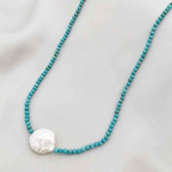 Collier en turquoise naturelle et perle d'eau douce en or 14K